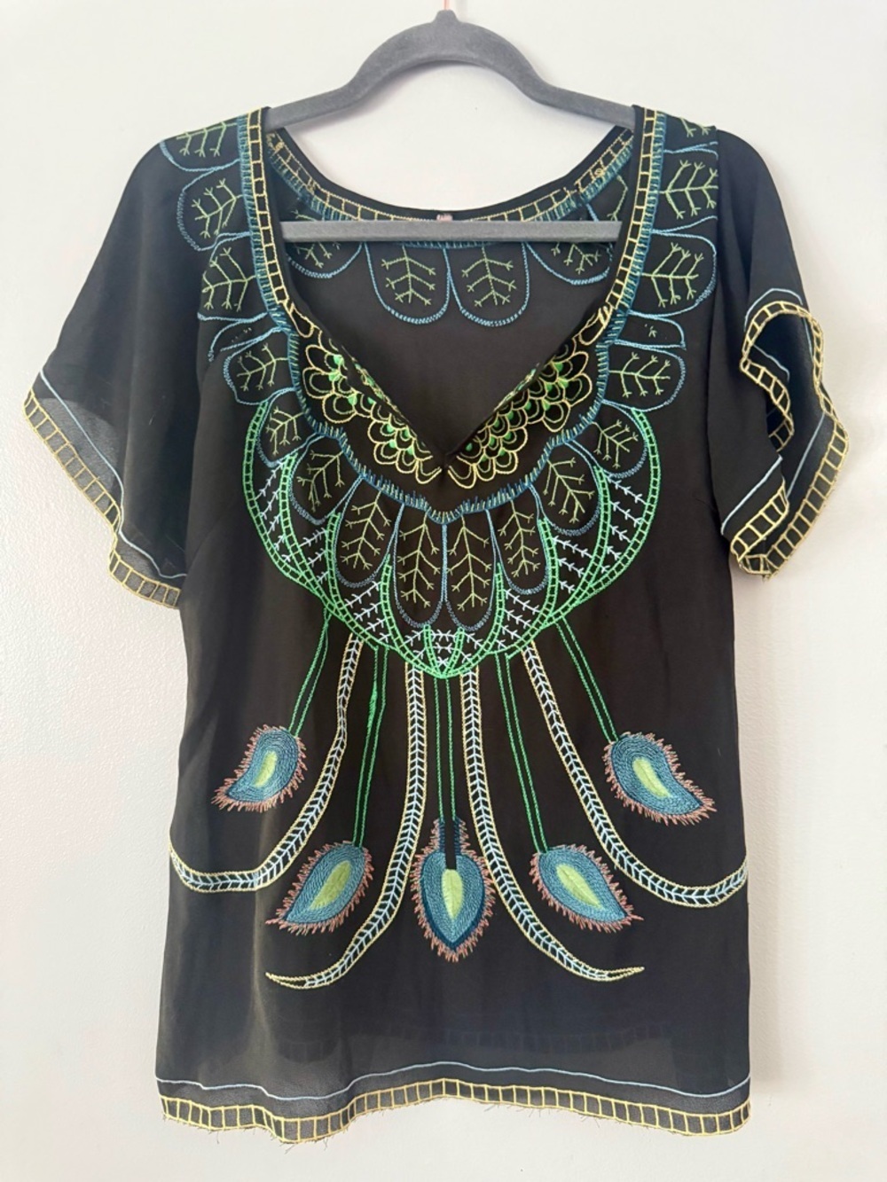 Mushka by Sienna Rose Peacock Embroidered Sheer Boho Blouse - Size L (22” P2P)
